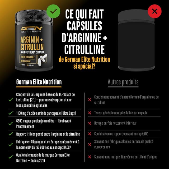 Detalle de GEN German Elite Nutrition L-Arginine + L-Citrulline 320 gélules (1100 mg) en ratio 1:1
