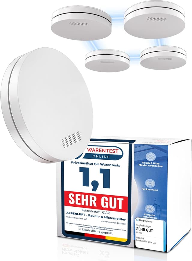 Detalle de ALPENLUFT Funk vernetzter Rauchmelder & Hitzemelder 2in1, 10 Jahre Batterie, 5er-Set ohne Bohren