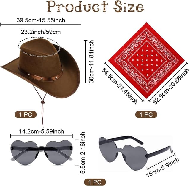 Detalle de Aomig 3-piece cowboy hat fancy dress set with paisley bandanna and heart sunglasses