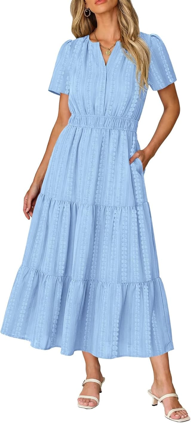 Detalle de RUMIA Women Casual Midi/Maxi Dress with V Neck, Elastic Waist, and Pockets (S–2XL)