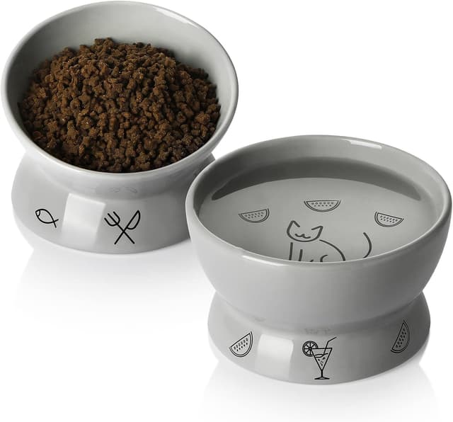 Detalle de Sweejar Home Raised Cat Bowls Set (Tilted Food Bowl & Deep Water Bowl) – Ceramic, Set of 2, Gray