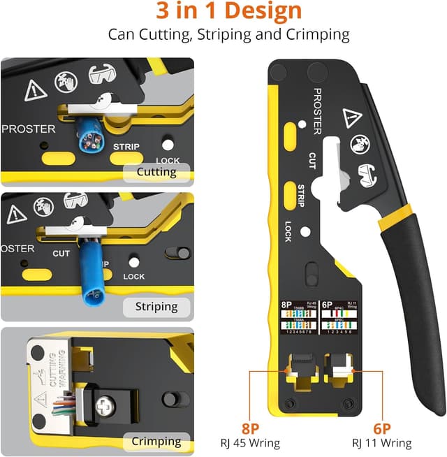 Detalle de Proster Kit pinza crimpatrice RJ45 CAT6 pass-through + spelafili + tester (50 connettori e coperture)