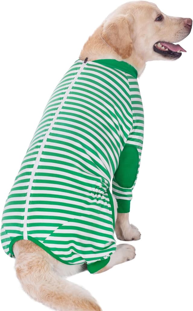 Detalle de BT Bear Large Dog Clothes cotton dog pyjamas jumpsuit with zip (light green, striped) for medium to large dogs