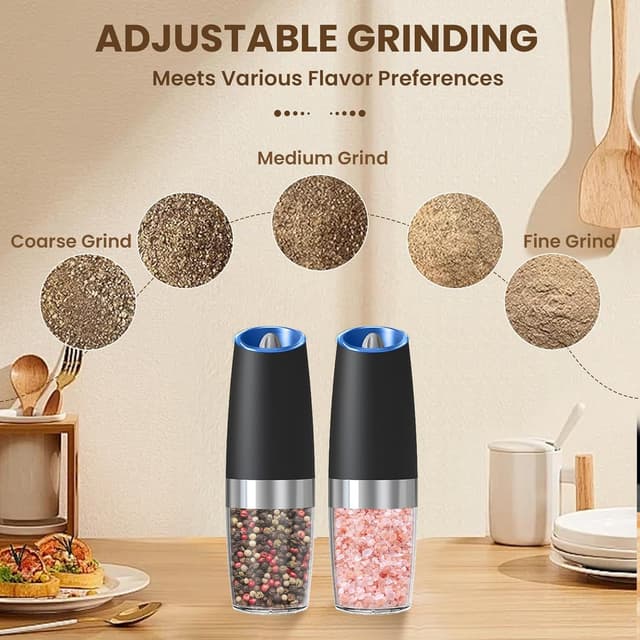Detalle de KIARYUOLL Gravity Electric Salt and Pepper Grinder Set (2-Pack, Black) with LED Light