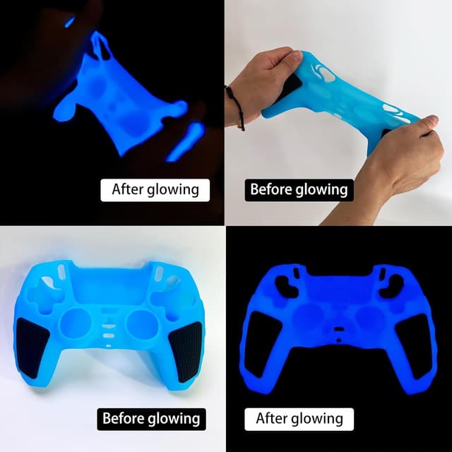 Detalle de HLRAO Glow in the Dark PS5 Controller Skin (Blue) with Anti-slip Silicone Cover & Glowing Thumb Grips