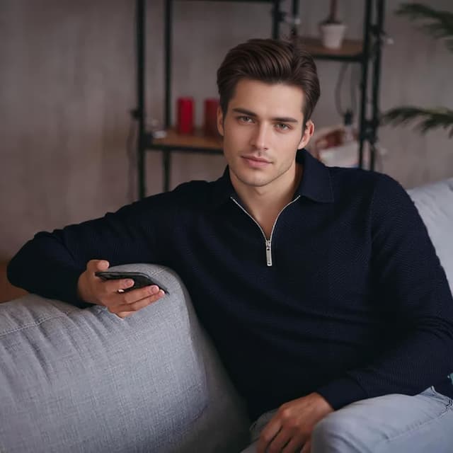 Detalle de Pull homme en tricot à col rabattu zippé 1/4 Jywmsc