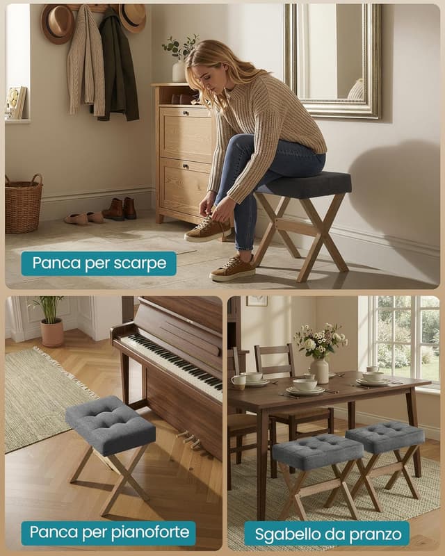 Thumbnail 6 de SONGMICS Sgabello da toeletta imbottito LSF006GN01, poggiapiedi e sgabello trucco in legno a X (32 x 42 x 46 cm)