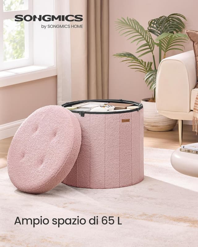Detalle de SONGMICS MAZIE LSF606R01 pouf contenitore rotondo pieghevole rosa pastello, con coperchio e seduta in tessuto peluche