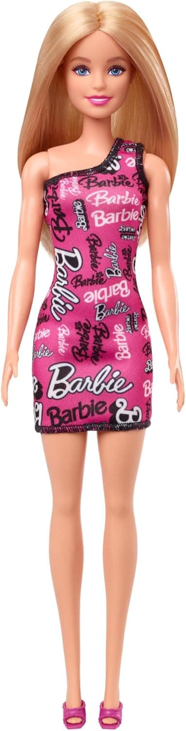 Detalle de Barbie Modepuppe HRH07 mit glatten, blonden Haaren im pinken One-Shoulder-Kleid und Logo-Schuhen