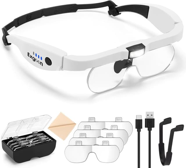 Detalle de Exgoon Magnifying Glasses with Light (1.5X to 5X) with 4 Detachable Lenses, Rechargeable Headband Magnifier – White
