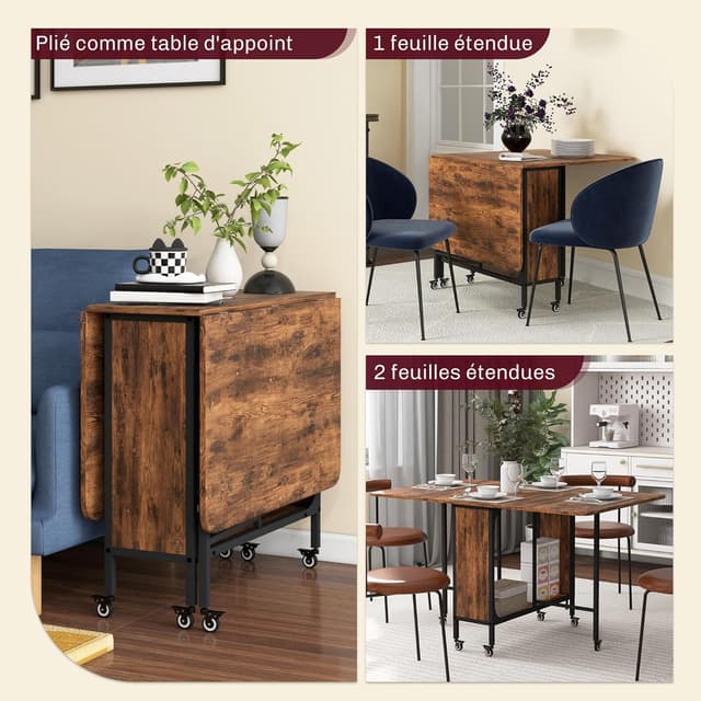 Detalle 2 de HOMCOM table à manger pliante sur roulettes jusqu’à 6 personnes (130 x 80 x 74 cm), avec 2 abattants et étagère intégrée