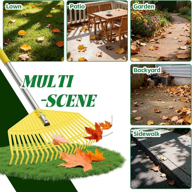 Detalle 2 de Garden Rake Extra Wide 42 cm Leaf Rake with 23 Flexible Tines and Adjustable 203 cm Handle (Yellow)