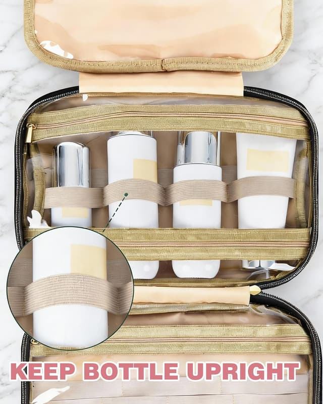 Detalle 2 de FitDA Trousse de toilette femme de voyage suspendue noire avec 4 compartiments transparents