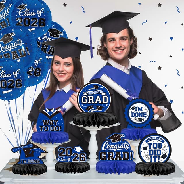 Detalle 2 de 9PCS Graduation Party Decorations Class of 2026 Honeycomb Table Centerpieces (Blue, Black)