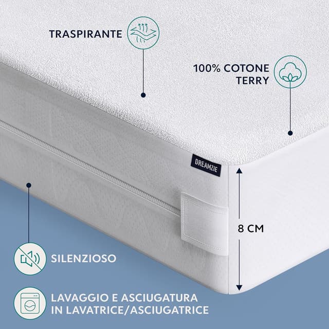 Detalle de Dreamzie Coprimaterasso matrimoniale impermeabile 200x200 con chiusura zip e protezione antiacaro