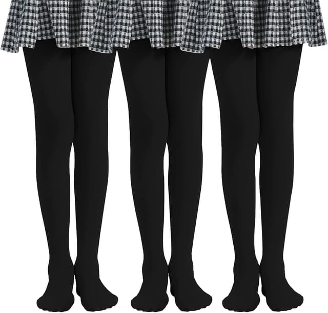 Detalle de MANZI Girls’ Black Footed School Dance Tights (80D) – Pack of 3