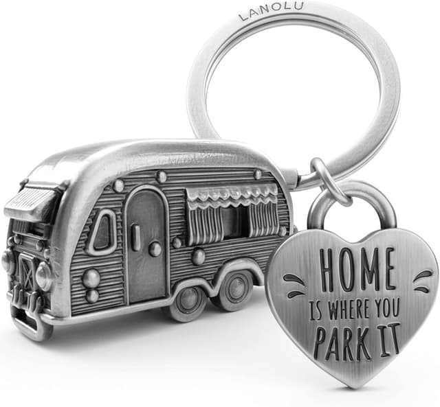 Detalle de LANOLU portachiavi per roulotte in metallo, a forma di rimorchio da campeggio 3D con cuore “Home is where you Park it”