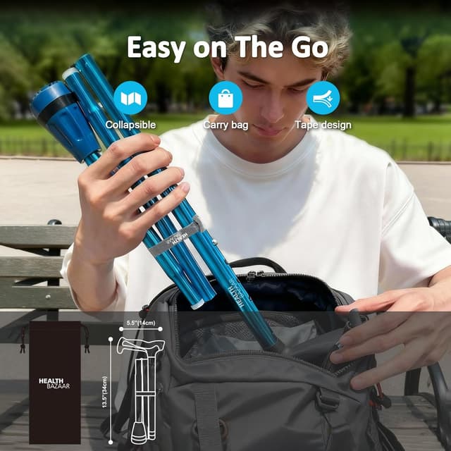 Detalle de HEALTHBAZAAR faltbarer Gehstock für alle Gelände mit Stoßdämpfung, höhenverstellbar (152–195 cm)