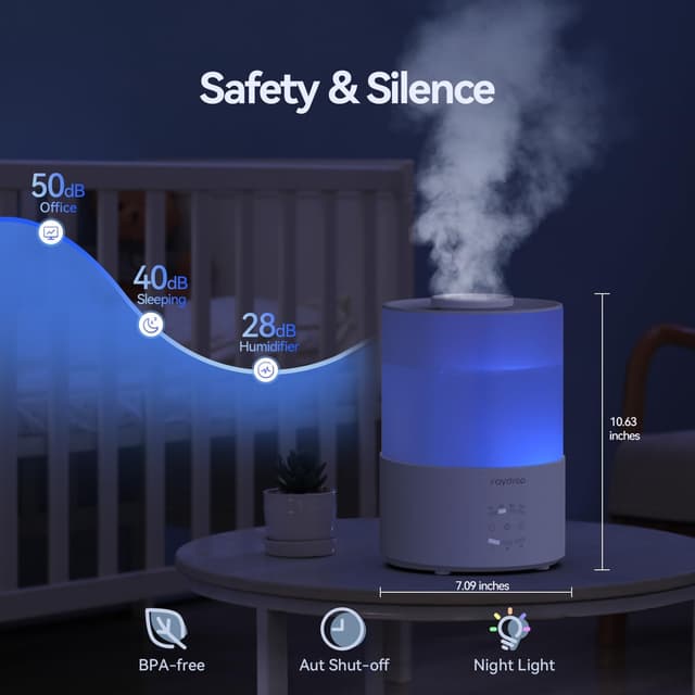 Detalle de Raydrop Raydrop Humidifiers for Bedroom (3.0L cool mist) – Top-fill humidifier with timer, auto shut-off & essential oil diffuser