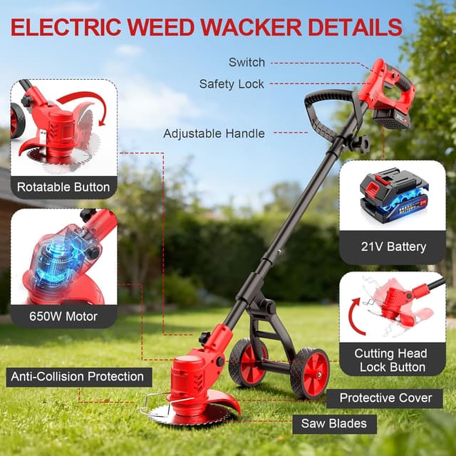 Detalle de Cordless Strimmer with Wheels (4-in-1) with 2×2000mAh batteries and 3 blades