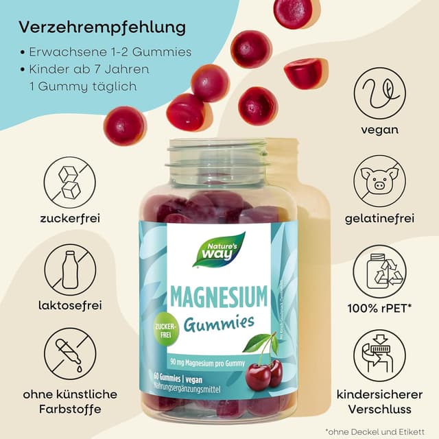 Detalle de Zuckerfreie Magnesium Gummies hochdosiert mit 180 mg Magnesiumcitrat & Vitamin B6 (vegan) – 60 Stück, ab 7 Jahren