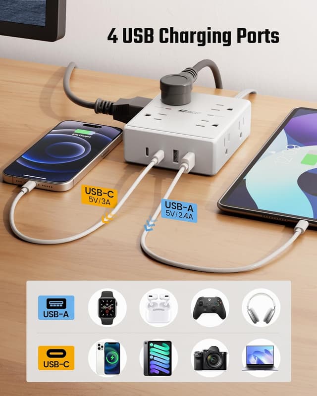 Thumbnail 4 de 10ft Power Strip Surge Protector with 8 Outlets & 4 USB ๐