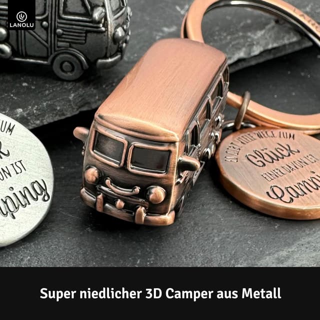 Detalle de LANOLU Schlüsselanhänger Camping Glück – 3D-Wohnwagen-Bus aus Metall mit Anhänger-Spruch