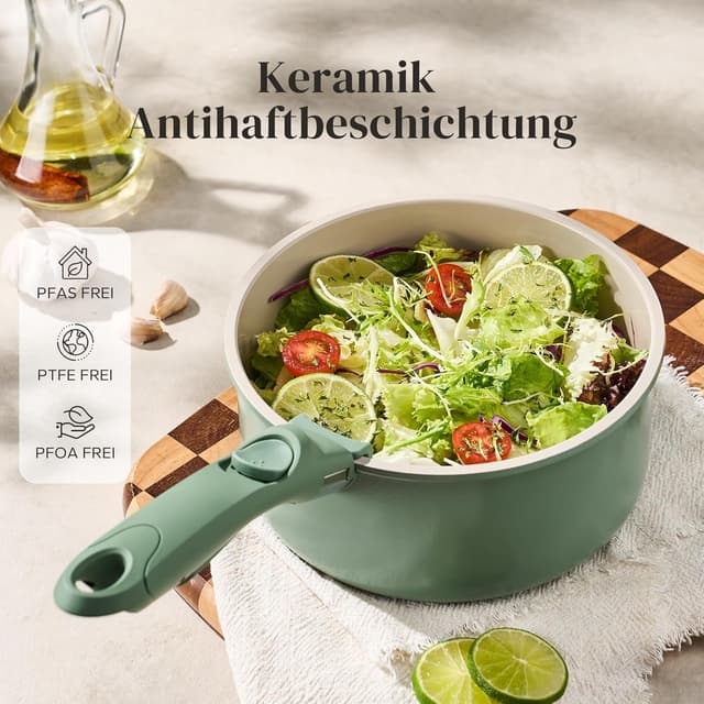 Detalle de Redchef Töpfe-Set mit abnehmbaren Griffen (16/18/20 cm) + 3-in-1 Deckel für Induktion & weitere Herdarten – grün