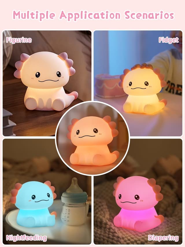 Detalle de Wrischan Axolotl Night Light Kids – Soft Silicone Rechargeable LED Lamp with 7 Colours & 30‑Minute Timer