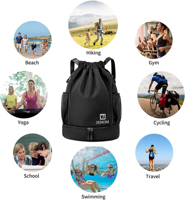 Detalle de JSNOM Zaino Mare con coulisse impermeabile Zaino Sportivo per palestra, spiaggia e viaggio (Nero)