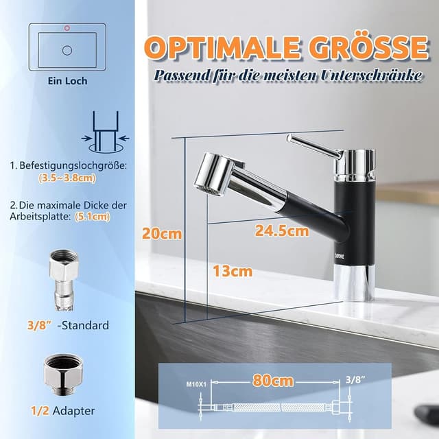 Detalle de DAYONE Küchenarmatur Schwarz Chrom 50 cm