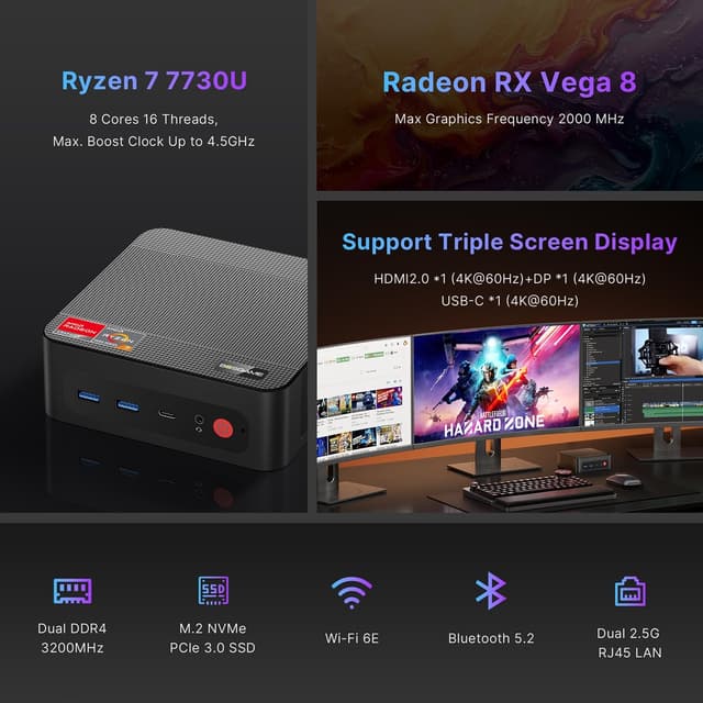Detalle de BOSGAME P4 Ultra Mini PC with AMD Ryzen 7 7730U, 16GB RAM and 1TB NVMe, Dual 2.5G LAN, Wi‑Fi 6E