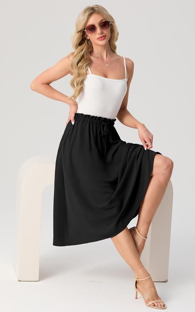 Detalle de GRECERELLE Damen Midi-Rock Sommer in A-Linie mit Taschen – leicht, luftig, knitterarm (elastischer Bund)