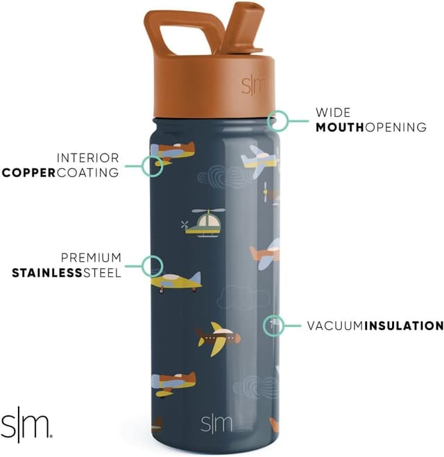 Detalle 2 de Borraccia Simple Modern Summit con cannuccia per bambini, acciaio inox isolato doppia parete, 530 ml (Wheels Up)
