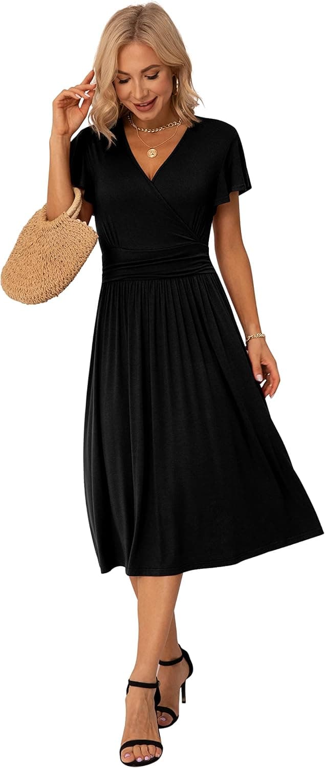 Detalle de GRECERELLE Womens Summer Wrap Dress – Floral V-Neck Ruffle Short Sleeve Beach Sundress (UK sizes S–2XL)