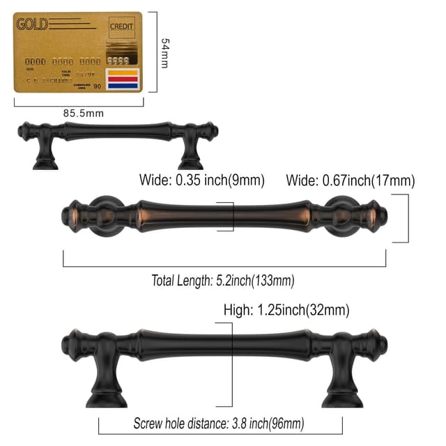 Detalle de Amerdeco Set da 6 maniglie per mobili da cucina Foro 96 mm, bronzo oliato (lega di zinco) UK0017