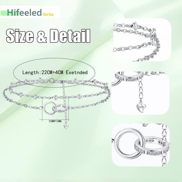 Detalle 2 de Hifeeled Damen-Fußkettchen aus Silber 925 mit Doppel-Kette und Zirkonia, verstellbar (22 cm + 4)