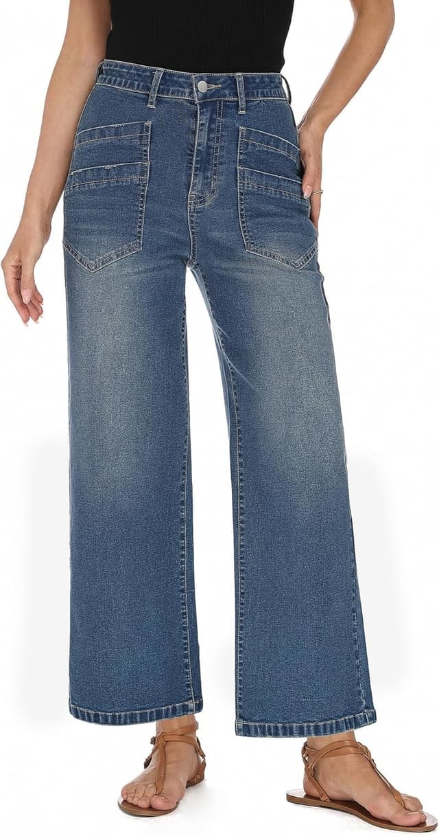 Detalle de StylSense Baggy Jeans Damen High Waist Wide Leg Stretch – 7/8 Jeanshose mit geradem Bein