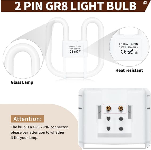 Detalle de Liuyife GR8 2‑Pin 16W CFL Lamp (Warm White 3500K) – Non-Dimmable, 1 Pack