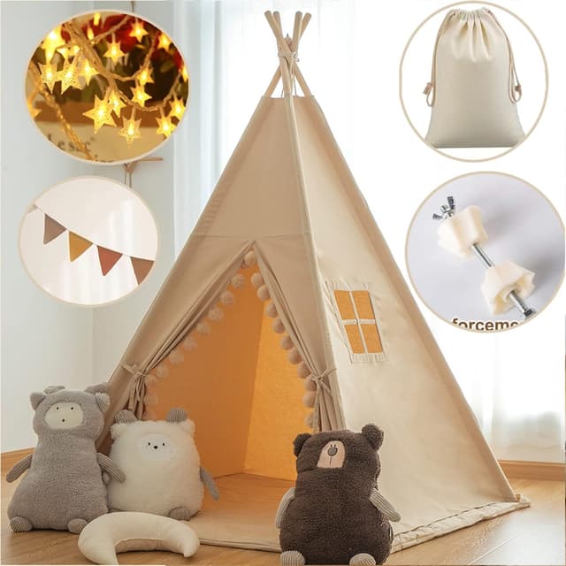 Detalle de RONGFA Kids Teepee Tent Indoor Play Cottage with Floor Mat, Star Light & Carry Bag