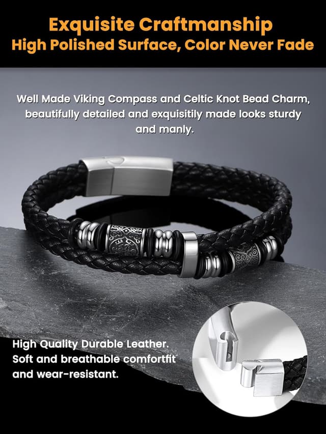 Detalle de Bestyle Lederarmband für Herren mit Edelstahl 316L und Magnetverschluss (Längen 19–25 cm) in Gold/Silber/Schwarz