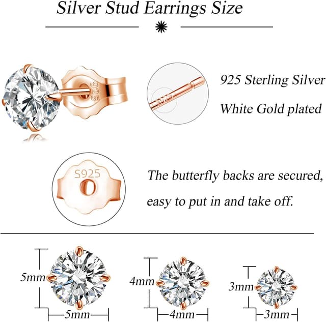 Detalle de Loutade silver stud earrings set for women: 3 pairs of 925 sterling silver heart studs (3/4/5mm) with cubic zirconia