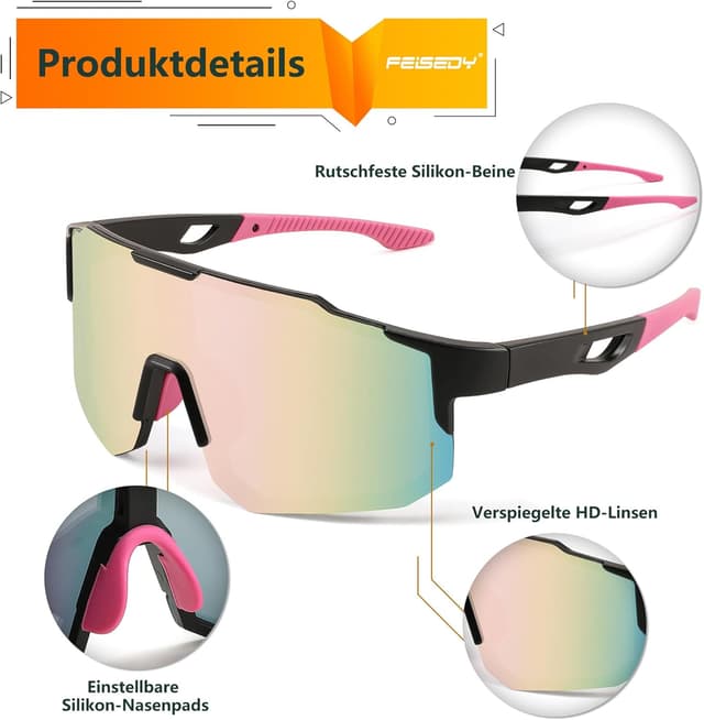 Detalle 2 de FEISEDY Sport Sonnenbrille für Fahrrad, MTB & Rennrad – UV400, verspiegelte Gläser (B2388)