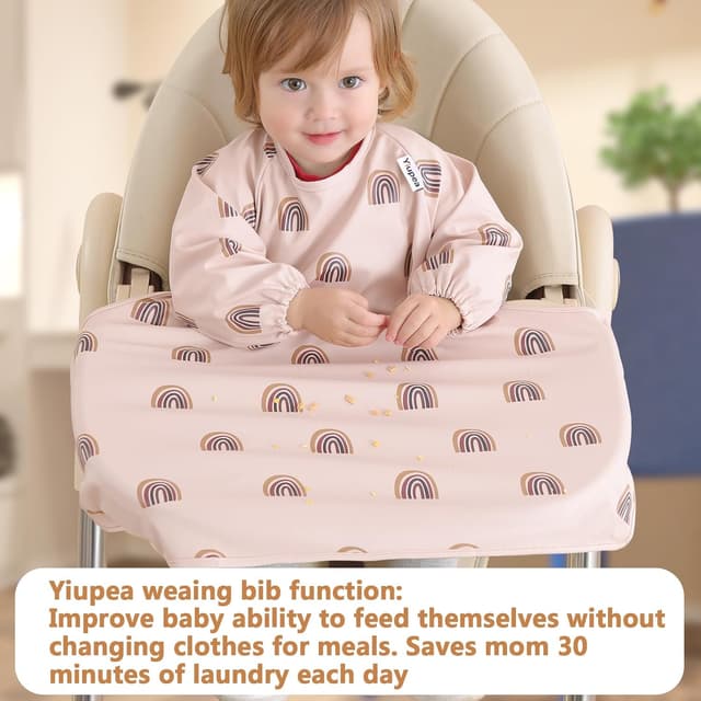 Detalle de Yiupea baby bibs with long sleeves (waterproof, easy-clean) for high chair trays, 6–24 months