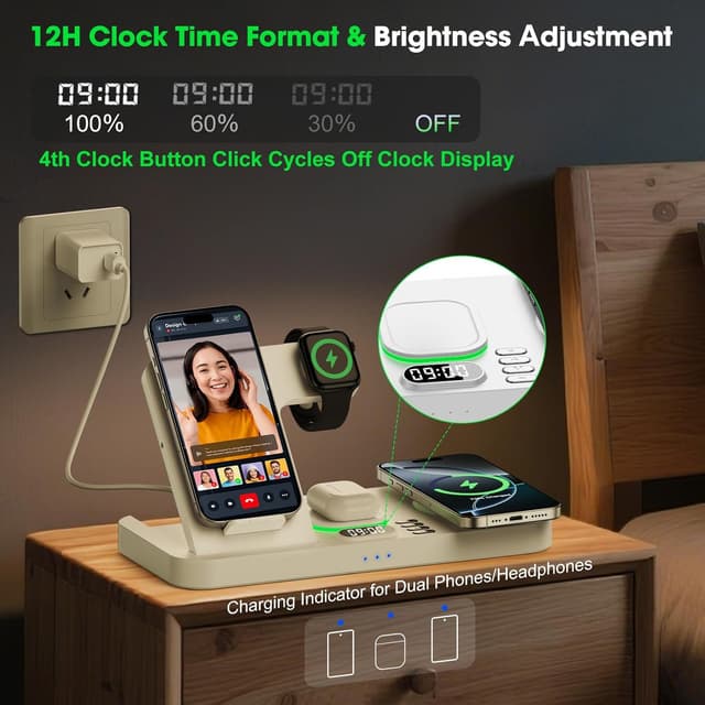 Detalle de Dual Phone Wireless Charging Station for Apple Devices (Magnetic Charging) with 7-Color Light & 12-Hour Clock
