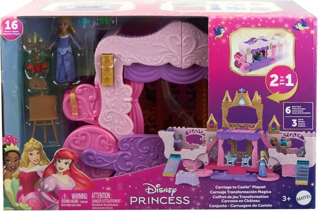 Detalle 2 de Mattel Disney Princess Verwandlungs-Spielset Kutsche zu Schloss (HWX17) mit kleiner Puppe Aurora