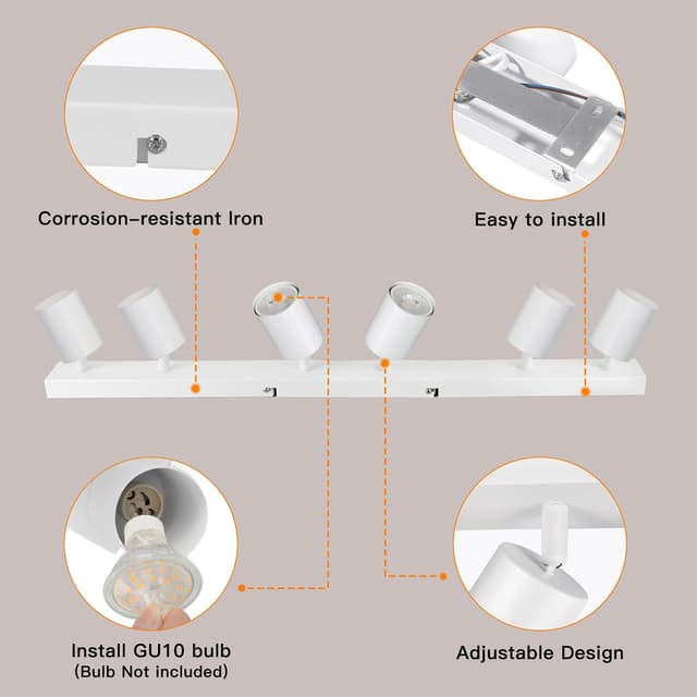 Detalle de Ketom LED Deckenstrahler in Weiß (GU10) – 6-flammig schwenkbar für Küche & Wohnzimmer, ohne Leuchtmittel