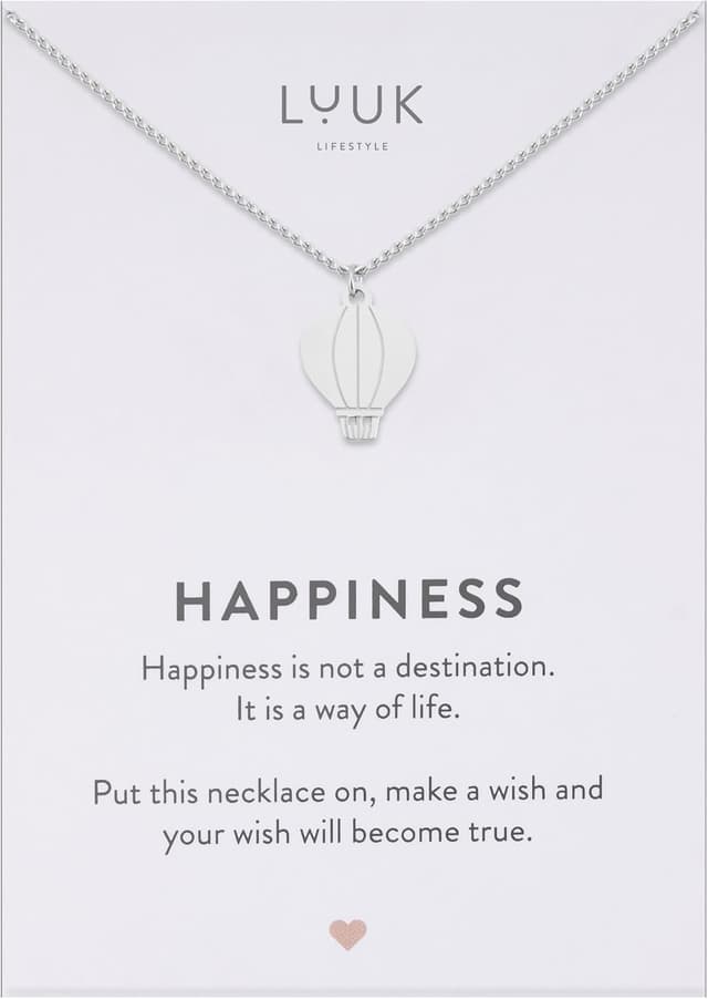 Detalle de LUUK LIFESTYLE collana con ciondolo a mongolfiera in acciaio inox e cartolina HAPPINESS, 50 cm