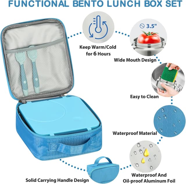 Detalle 2 de Kids Bento Lunch Box Set with 8oz Soup Thermo, Leak-Proof 4-Compartment Containers & Insulated Lunch Bag (Blue)