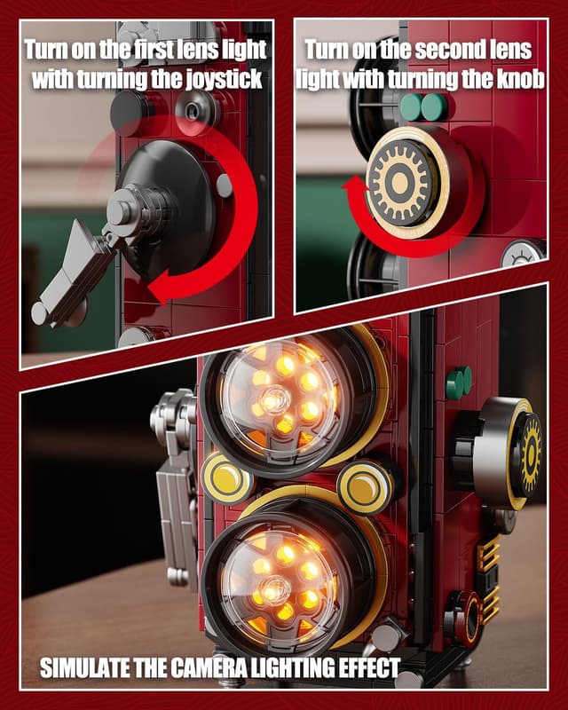 Detalle de TYCOLE set di costruzioni per fotocamera retrò vintage con luci LED e design reflex a doppia lente (719 pezzi)